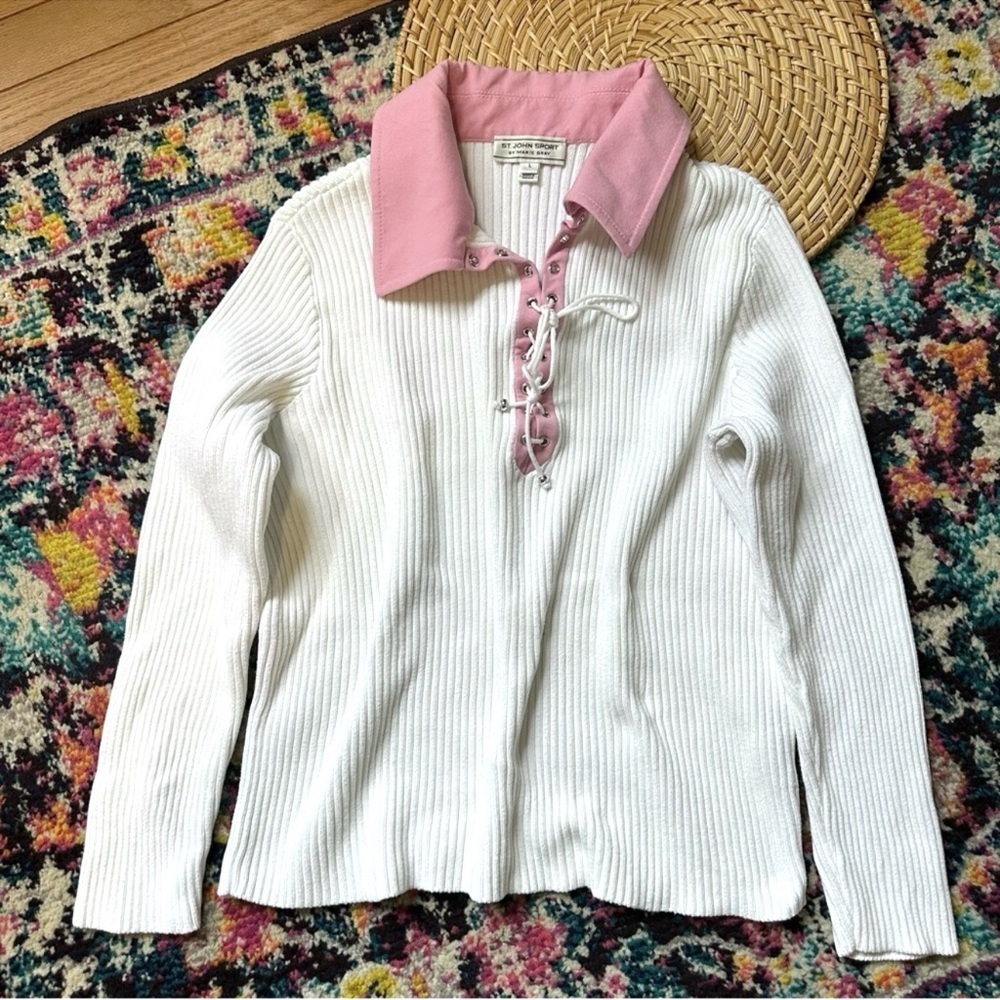 St. John Sport Women’s Ribbed Collar Sweater Cotton Blend Lace Up Neckline Large